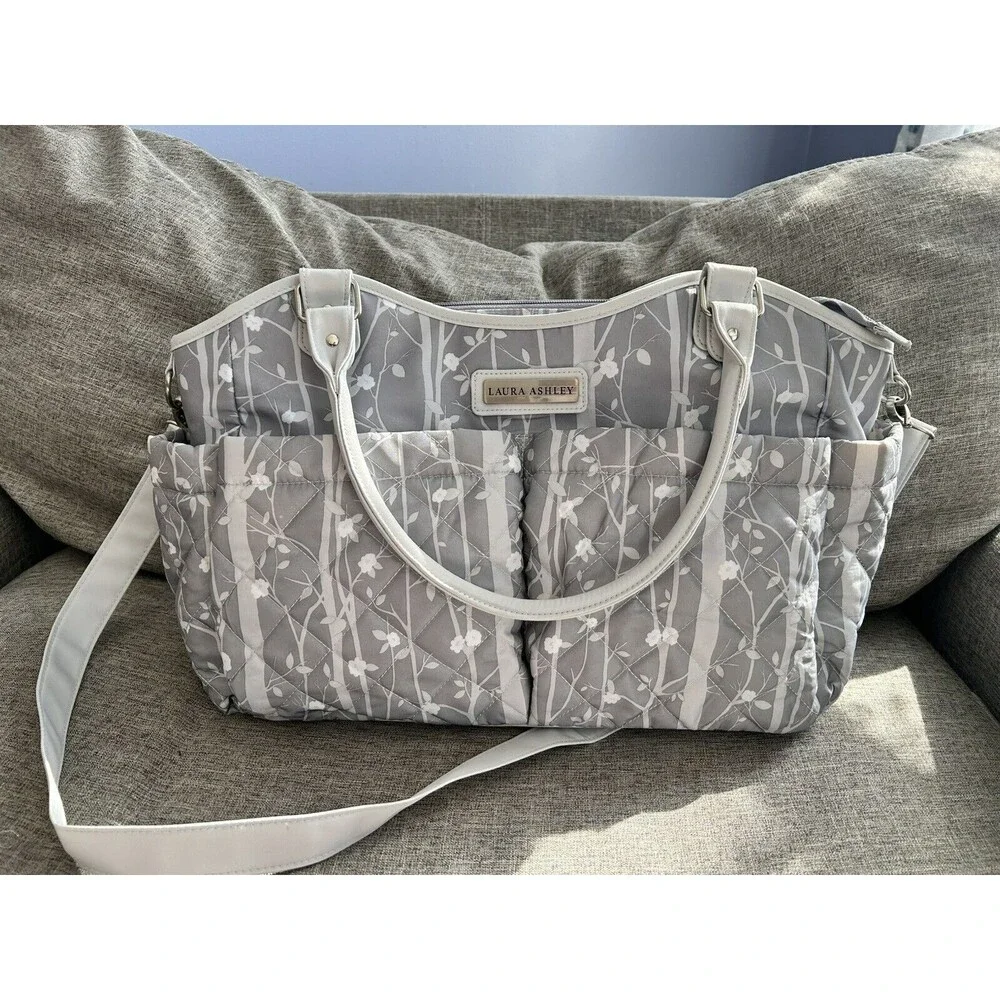Laura Ashley Baby Gray Floral Diaper Bag Tote Changing Pad Pockets